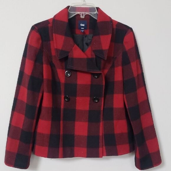 Gap Pea Coat Women's M Red and Black Buffalo Plaid Wool Blend Jacket Outdoors - Picture 1 of 8